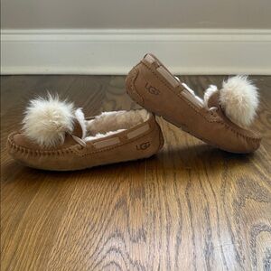 UGG Tan Moccasin Slippers with Fluffy Pom Poms